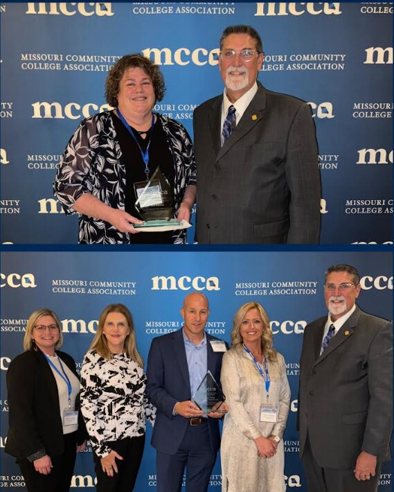 Top image: Jill Semau, State Fair Community Colleges Medical Assisting program director, received the Missouri Community College Association Innovation Award; SFCC president Dr. Brent Bates is on the right.   Bottom image: Golden Valley Memorial Healthcare administrators and staff received the Missouri Community College Association Distinguished Business and Industry Award; Bates is on the right.   Photo courtesy of State Fair Community College