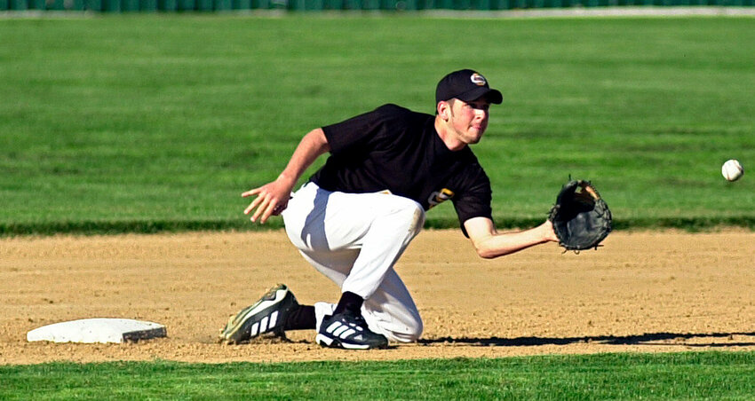 Smith-Cotton second baseman Kyle Middleton takes a bullet from catcher Dan Woolery to throw out a runner in a game against Blue Springs at Liberty Park Stadium on March 27, 2003. Middleton is now set to begin his first academic year at S-C's athletic director.   PhotoCredit: File photo by Joseph Beaher | Democrat