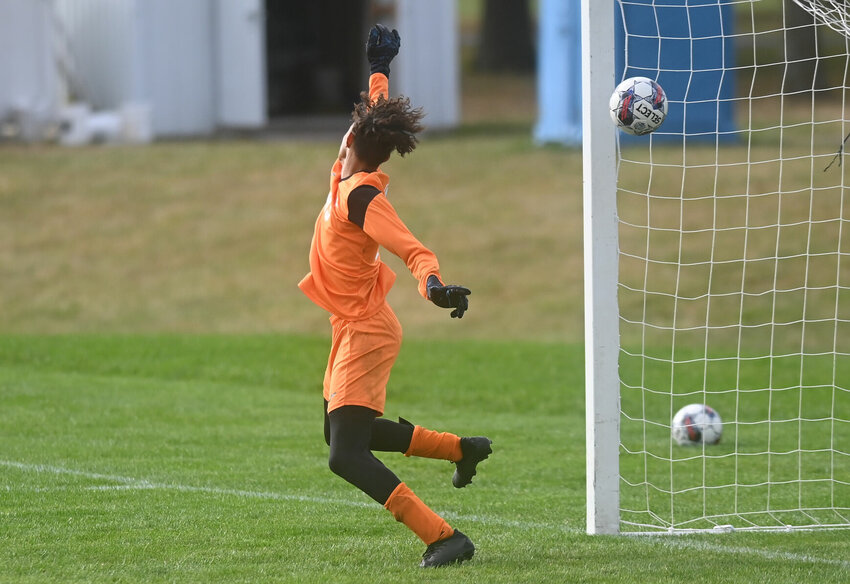 State Fair Community College goalkeeper Kamryn Bridges made nine saves but is unable to keep this shot out of the net in Sunday's 5-1 home defeat to Southwestern Illinois College.   PhotoCredit: Photo by Bryan Everson | Democrat
