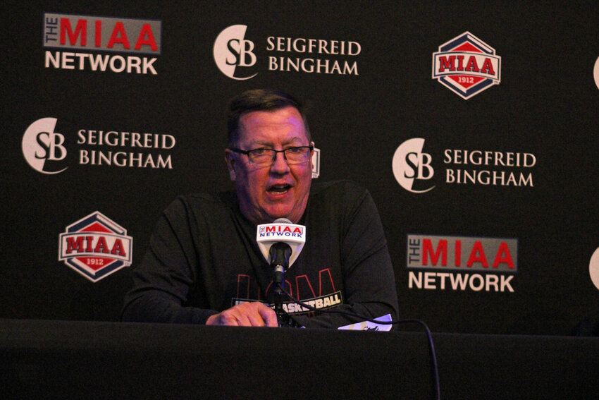 Jennies basketball head coach Dave Slifer speaks during MIAA Media Day on Tuesday, Oct. 10, at the College Basketball Experience in Kansas City, Mo.   PhotoCredit: Photo by Joe Andrews | Star-Journal