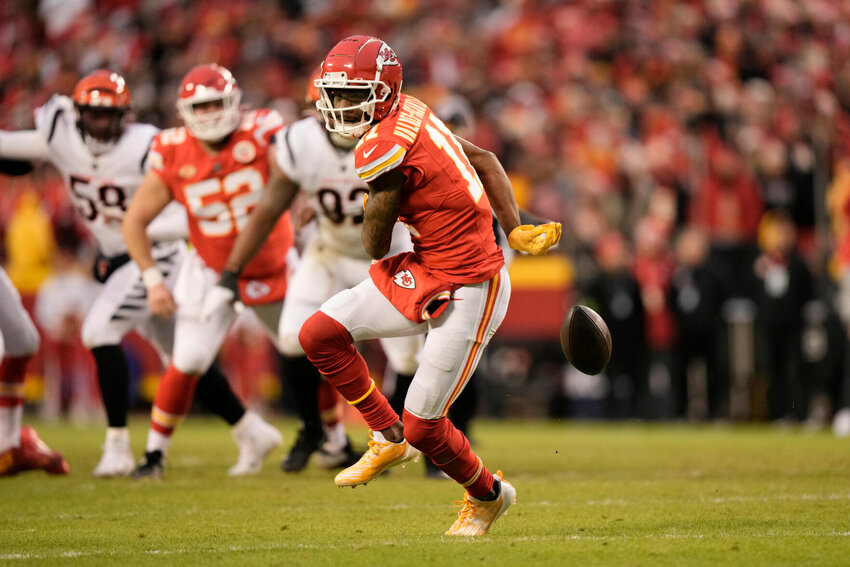 Kansas City Chiefs wide receiver Marquez Valdes-Scantling drops a pass during the first half of an NFL football game against the Cincinnati Bengals Sunday, Dec. 31, 2023, in Kansas City, Mo.   PhotoCredit: Photo by Charlie Riedel | AP Photo