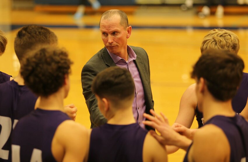 Green Ridge boys basketball head coach Jason Cannon talks to his team in a timeout during a Kaysinger Conference Tournament game in Sedalia on Jan. 27, 2023. The Tigers are off to their strongest start since 2020 when they last won a district title.   PhotoCredit: File photo by Bryan Everson | Democrat