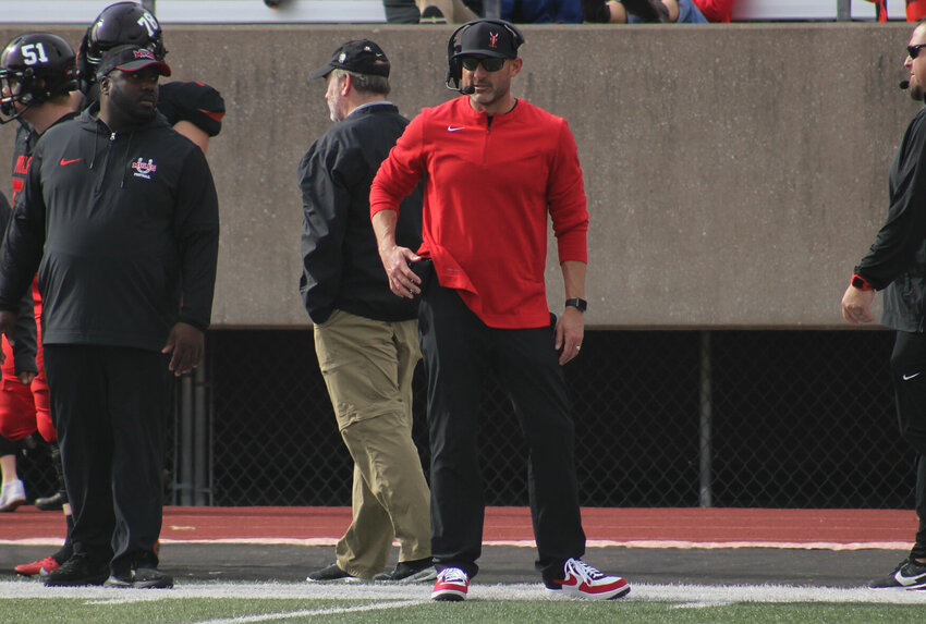 Central Missouri head coach Josh Lamberson communicates from the sideline against Fort Hays State on Nov. 4, at Walton Stadium. The university announced Thursday it reached an extension with the head coach after he led the Mules to a playoff appearance this past season.&nbsp;   PhotoCredit: File photo by Joe Andrews | Star-Journal