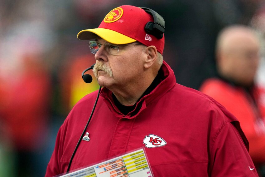 Kansas City Chiefs head coach Andy Reid watches from the sidelines during the first half of an NFL football game against the New England Patriots, Sunday, Dec. 17, 2023, in Foxborough, Mass.   PhotoCredit: Photo by Charles Krupa | AP Photo