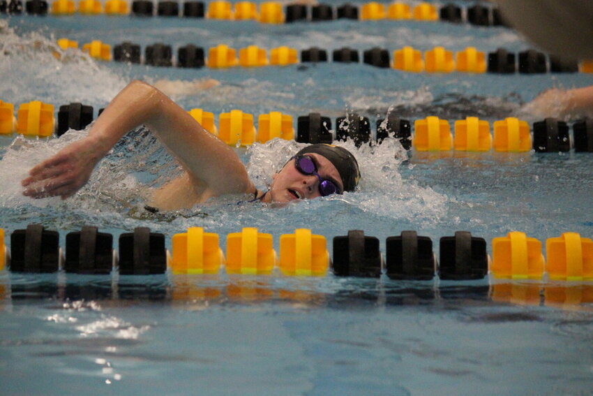 Smith-Cotton senior Lauren Chancellor swims in a heat of the 200-yard freestyle as part of the West Central Classic held Wednesday night at the Heckart Community Center.   PhotoCredit: Photo by Bryan Everson | Democrat