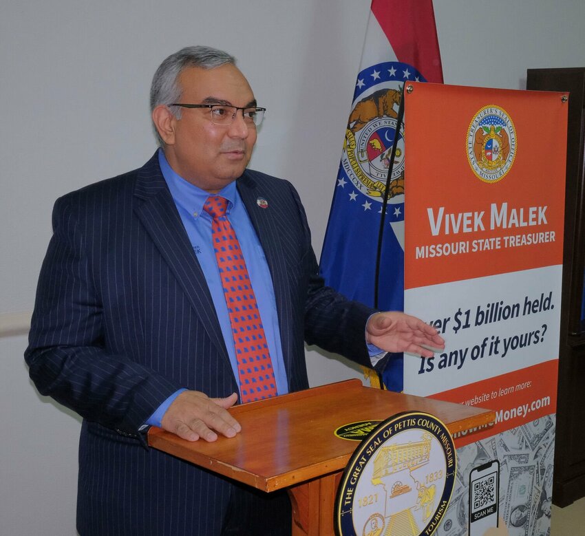 Missouri State Treasurer Vivek Malek stopped by the Pettis County Commission Chambers on Thursday to promote Feb. 1 as Unclaimed Property Day. Malek is trying to return $1.2 billion to rightful owners in Missouri.   Photo by Chris Howell | Democrat