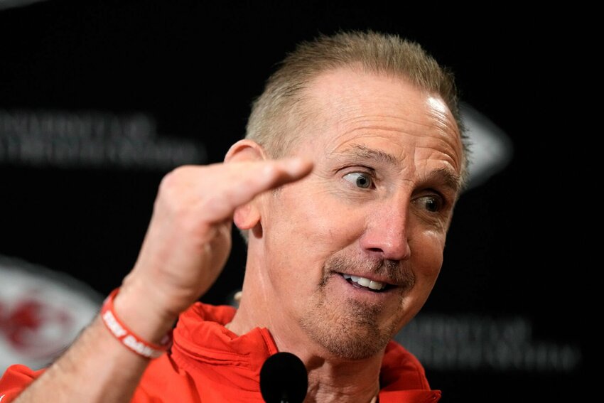 Kansas City Chiefs defensive coordinator Steve Spagnuolo speaks to the media before the NFL football team's practice Thursday, Jan. 25, 2024, in Kansas City, Mo.   PhotoCredit: Photo by Charlie Riedel | AP Photo
