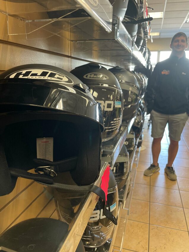 Yeager Cycles General Manager Dave Skrzypczak sells a lot of protective gear, especially helmets, to motorcycle riders. Motorcycle deaths are up in Missouri in&nbsp; recent years due to the repeal of helmet laws.   Photo by Chris Howell | Democrat