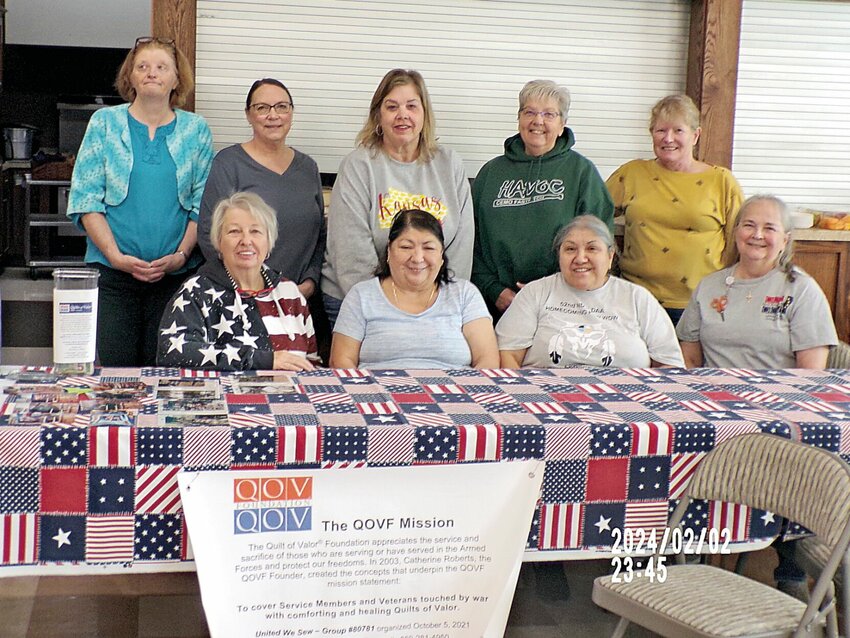 Members of Sedalia&rsquo;s United We Sew No. 80781 with the Quilts of Valor Foundation pose for a photo on Saturday, Feb. 3, during the 2024 National Sew Day at First Christian Church. Back row from left, Cinthia Titus, Connie Soendker, Christy Goodman, Janice Young, and Billie Dunn. Front row, QOV state coordinator Linda Martien, Josie Scribner, Delores Woolery, and Jeannie Braswell. Not pictured is member Tonya Hooton.   Photos courtesy of United We Sew No. 80781