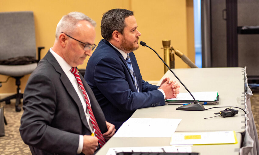 Missouri State Reps. Doug Richey, R-Excelsior Springs, and Brad Hudson, R-Cape Fair, present bills to the House Special Committee on Education Reform Monday afternoon.   Photo by Annelise Hanshaw | Missouri Independent