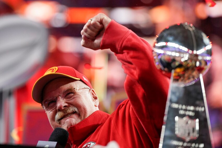 Kansas City Chiefs head coach Andy Reid celebrates after the NFL Super Bowl 58 football game against the San Francisco 49ers on Sunday, Feb. 11, 2024, in Las Vegas. The Chiefs won 25-22 against the 49ers.   PhotoCredit: Photo by Brynn Anderson | AP Photo