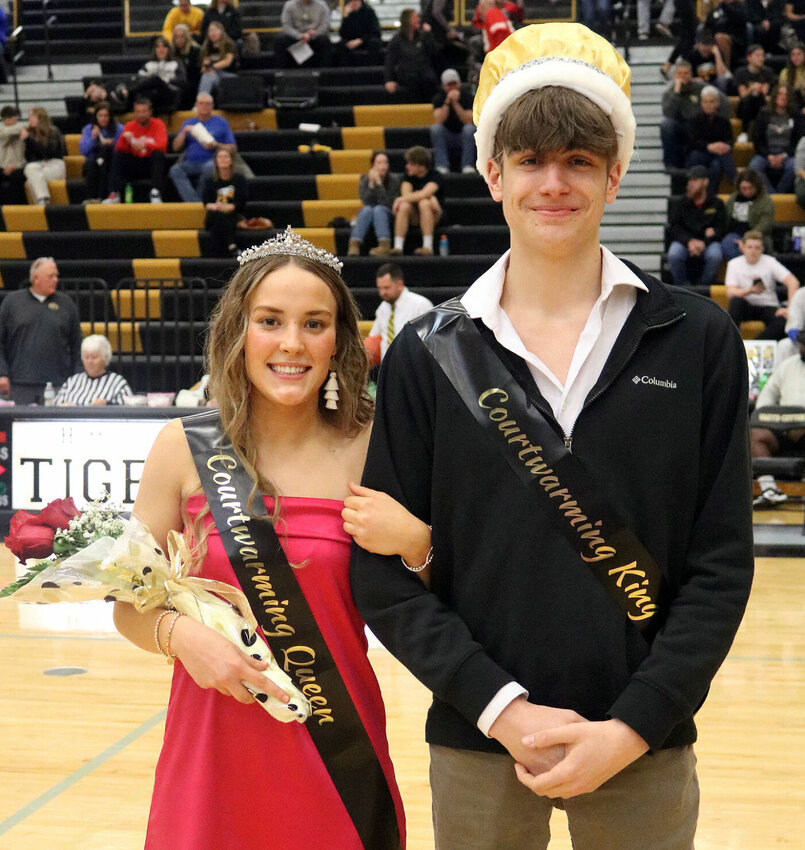 At halftime of the Smith-Cotton High School Courtwarming boys basketball game on Friday, Feb. 9, senior Kendall Jackson was crowned Courtwarming queen and senior Ziek Barth-Fagan was named Courtwarming king. Princess, not shown, was Mia Estrada. Student votes determined the winners. The Tigers defeated Moberly, 70-57.   Photo courtesy of Sedalia School District 200