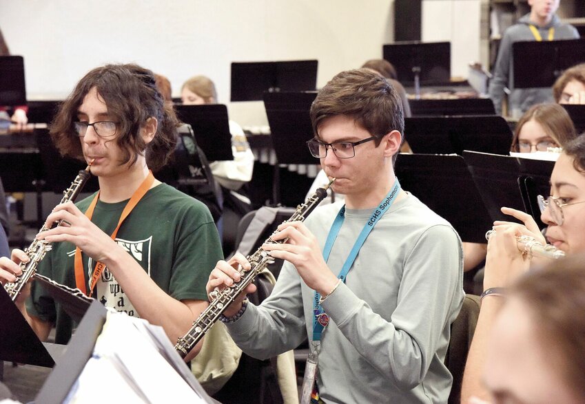 Smith-Cotton High School Band student Gabriel Toderescu-Stavila, a sophomore, plays his English horn during class on Wednesday, Feb. 14. Toderescu-Stavila and fellow band member Holden Fox, a junior, were selected for State Band in January.   Photo by Faith Bemiss-McKinney | Democrat