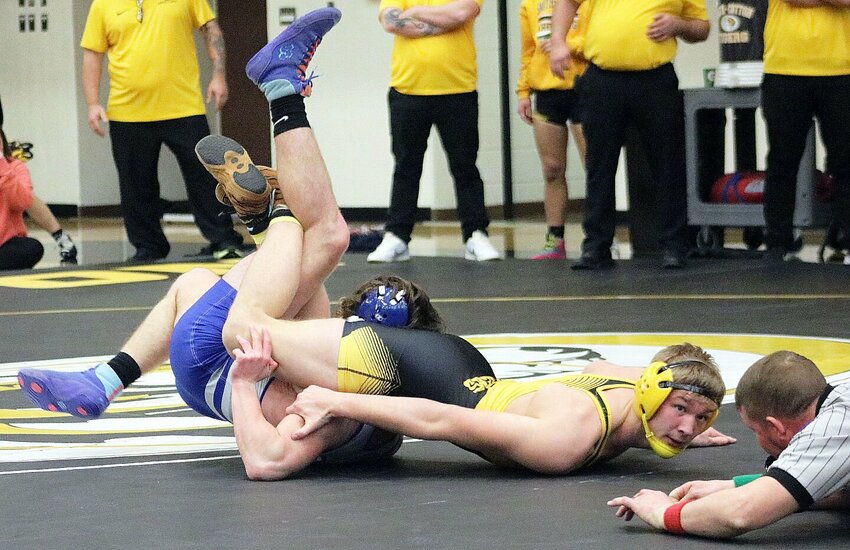 Smith-Cotton senior Keaton Belsha pins Rhodes Leonard of Boonville in 1:22 in the teams' dual meet Thursday, Jan. 11, in the S-C gym. It was Belsha's 17th consecutive pinfall victory, which broke a 25-year-old school record of most consecutive wins by fall.


Photo courtesy of Sedalia School District 200