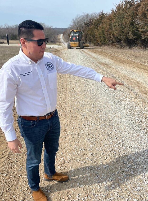 Wednesday, Feb. 21, Pettis County Eastern Commissioner Israel Baeza shows the Sedalia Democrat the efforts the Road and Bridge Department makes toward keeping the 600 miles of gravel county roads properly graded.   Photo by Chris Howell | Democrat