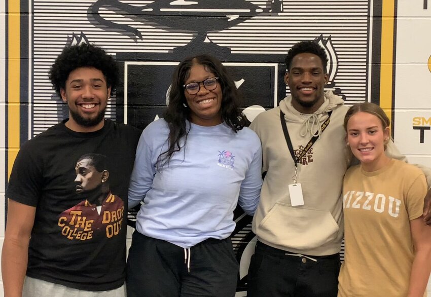 Smith-Cotton basketball players, from left to right, junior Nikiah Cole, senior Anastasia Bellamy, senior Jashawn Bennett and senior Kendall Jackson come together to reflect on the end of their seasons and, for the seniors, the end of their high school basketball careers. Photo by Jack Denebeim | Democrat