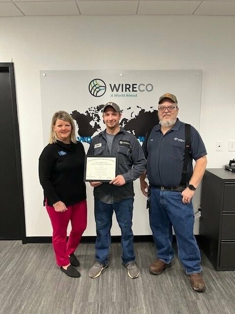 From left, SFCC Technical Education Liaison Rochelle Hockett, David Williams, and WireCo. Supervisor Gary Scott.   Photo courtesy of State Fair Community College