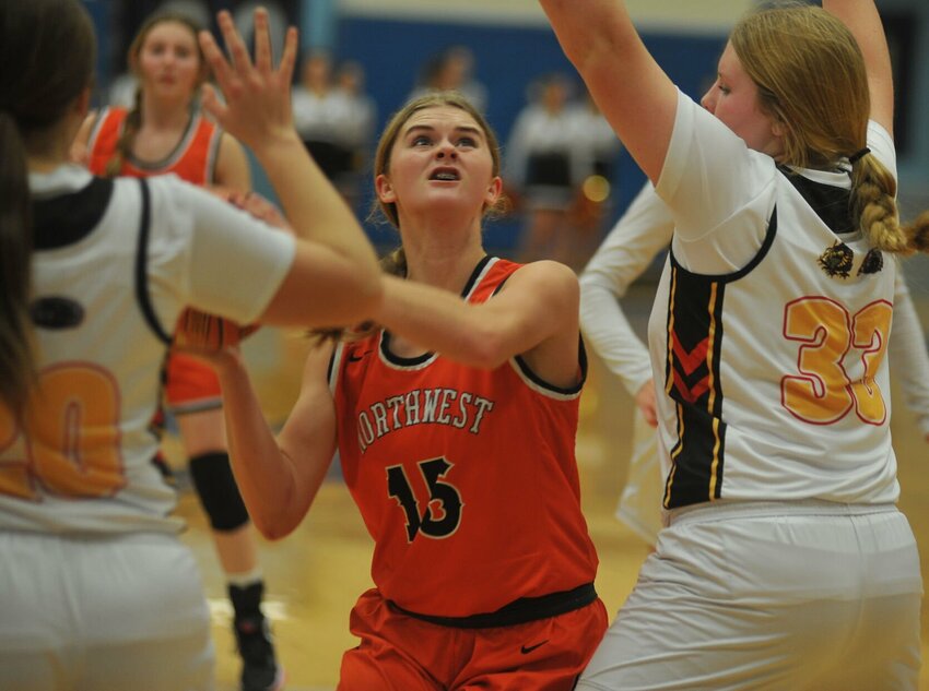 Northwest forward Gabby Meyer looks to shoot in the paint against Bunceton with Prairie Home during a game on Dec. 15, 2022. Meyer was named the Class 2 District 14 Player of the Year after the 2023-24 season. File Photo by Bryan Everson | Democrat