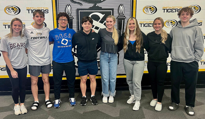 Smith-Cotton DECA students who will compete in April at the DECA International Career Development Conference in Anaheim, California, are, from left, Marianne Treuner, Brady Anderson, Mylan Hawkins, Alexander Rice, Skyler Green, Jacelyn Lancaster, Ashlei Boeschen and Malaki Reed.   Photo courtesy of Sedalia School District 200