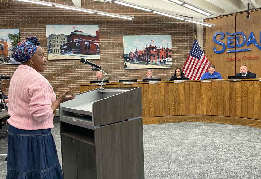 Estelle Frazier addresses the Sedalia City Council about the need for a tornado shelter on the north side of Sedalia during a public comment portion of the Monday, March 18 council meeting.   Photo by Chris Howell | Democrat