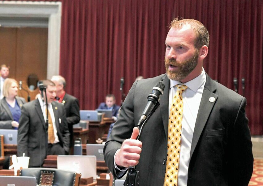State Rep. Kurtis Gregory, R-Marshall, speaks during House debate on April 27, 2022. &ldquo;What we&rsquo;re really trying to do here is get coverage options to these young farmers, potentially ranchers and members of this organization to better have care for their family and their loved ones,&rdquo; Gregory said recently.   Photo by Tim Bommel/Missouri House Communications