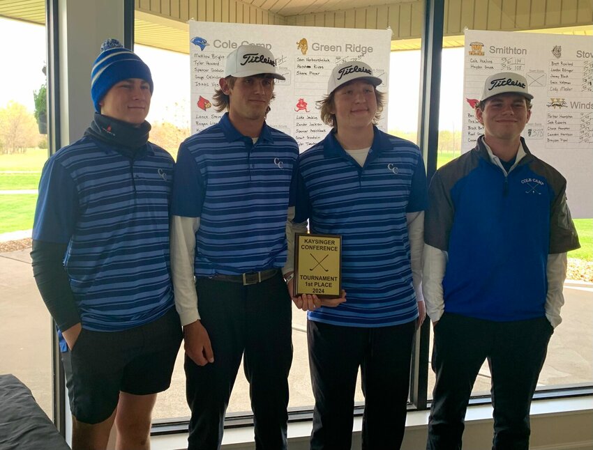 The Cole Camp boys golf team&rsquo;s top finishers, from left, Tyler Howard, Matthew Bright, Gage Oelrichs and Spencer Godwin, celebrate the team&rsquo;s victory at the Kaysinger Conference Golf Tournament at Clinton Country Club Thursday. Godwin was the individual champion after he shot a 75.   Photo by Jack Denebeim | Democrat
