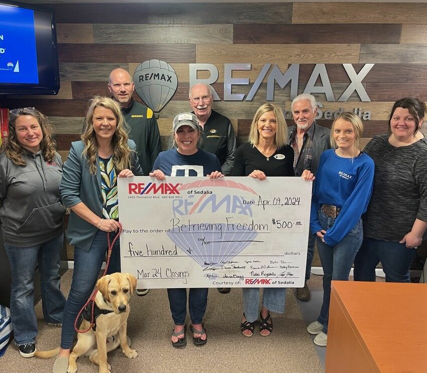 RE/MAX of Sedalia recently donated $500 to Retrieving Freedom through its Heart of Sedalia Foundation. Each month, the agents donate a portion of their earnings from every transaction to help support various local charities.&nbsp;   Photo courtesy of RE/MAX of Sedalia