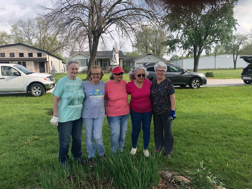 Members of the Grow and Glow Garden Club meet up to beautify the Roadside Park. From left, Micki Williams, Linda Dahl, Dorothy Collett, Linda Reid, and Verna Koechner.   Photo courtesy of Grow and Glow Garden Club
