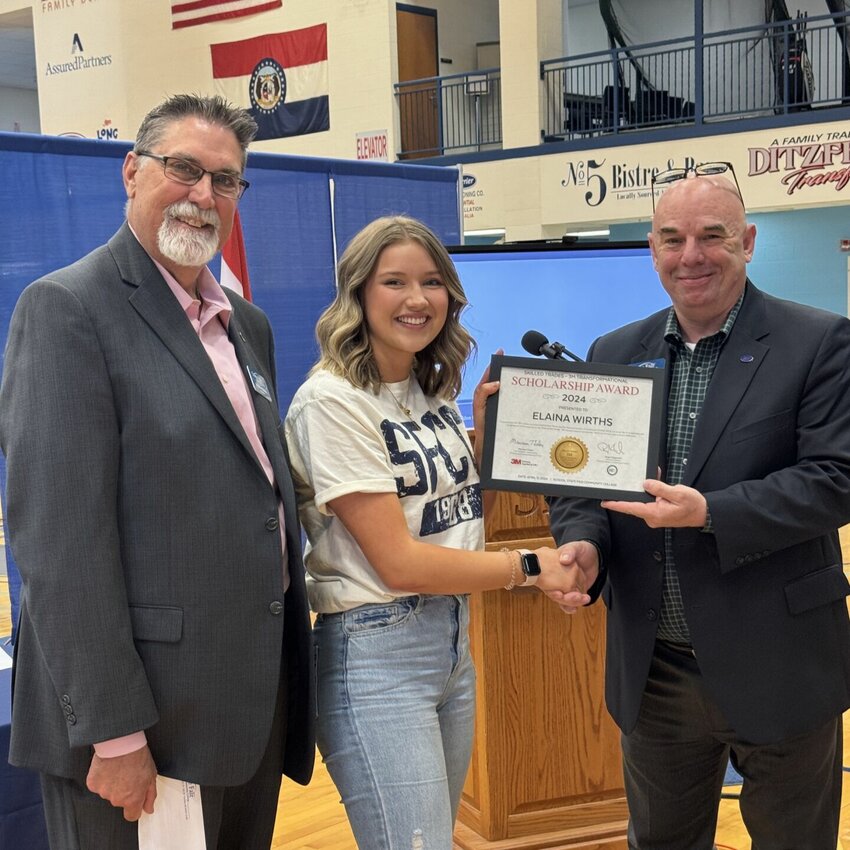 From left, SFCC President Brent Bates, Elaina Wirths from Pilot Grove High School and Dean for Technical Education and Workforce Innovation Michael Leonard.


Photo courtesy of State Fair Community College