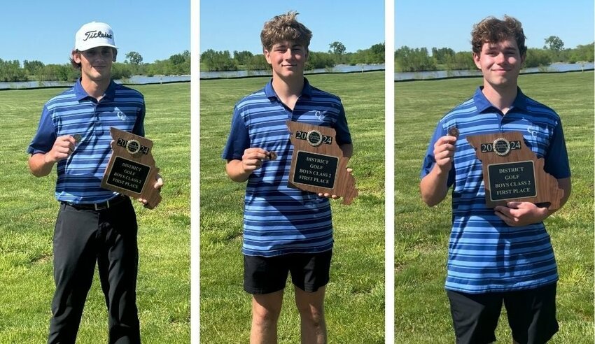 The Cole Camp golf team&rsquo;s top finishers, from left to right, senior Matthew Bright, senior Tyler Howard and junior Spencer Godwin, celebrate the Bluebirds&rsquo; first place finish at the Class 2 District 4 Golf Tournament at Hidden Valley Golf Club Friday, May 3.   Photos courtesy of Jared Espey