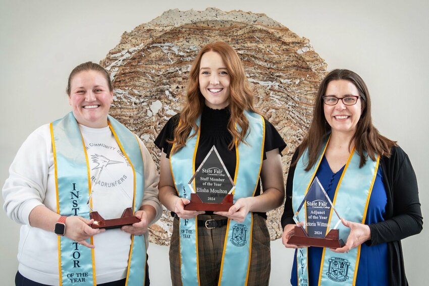 From left, Kristen Henning, 2024 Instructor of the Year; Elisha Moulton, 2024 Staff of the Year; and Victoria Wittmaier, 2024 Adjunct of the Year.   Photo courtesy of State Fair Community College