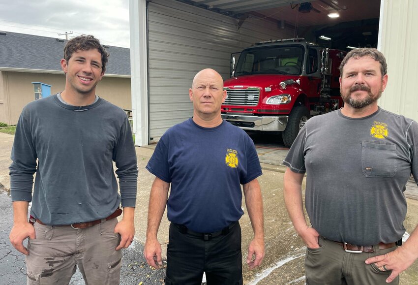 Pettis County Fire Protection District firefighter Joseph Willis, Chief Hike Harding, firefighter Andrew McMullin and other firemen spent time Wednesday, May 8 rehabbing the old Houstonia Fire Station.   Photo by Chris Howell | Democrat