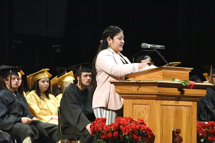 Whittier High School special speaker Maria Ubaldo Matacua encourages the graduating class of 2024 not to give up or fail but to be overcomers. &quot;Whittier is a little piece of heaven on Earth,&quot; she noted. &quot;When you enter those doors, you know you are loved and accepted.&quot;   Photo by Faith Bemiss-McKinney | Democrat