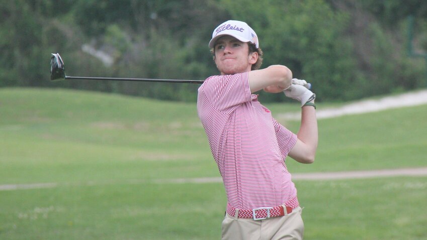 Sacred Heart senior Luke Jenkins tees off during the second round of the Class 1 State Golf Tournament at Twin Hills Golf and Country Club Tuesday, May 14. Jenkins placed third in the tournament with a two-day score of 156 (+12).   Photo by Jack Denebeim | Democrat