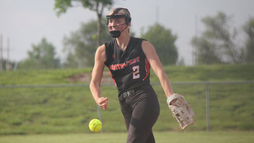 Senior Valerie Meyer pitches the ball during the Class 1 sectional softball game against Concordia in Concordia Wednesday, May 15. Meyer pitched eight innings and struck out nine batters.   Photo by Jack Denebeim | Democrat