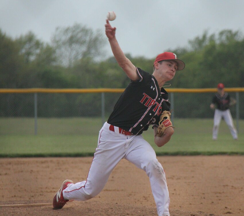 Junior Lucas Cashman pitches the ball during the Kaysinger Conference Baseball Tournament&rsquo;s championship game Tuesday, April 30, in Cole Camp. Cashman pitched a no-hitter in Tipton's 3-0 win over Linn High School in the Class 2 District 8 semifinal game Tuesday, May 14.   File photo by Jack Denebeim | Democrat