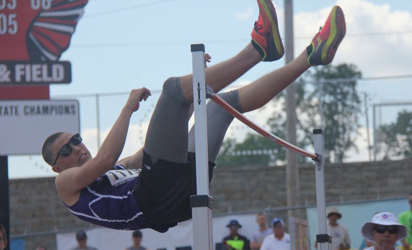 Green Ridge&rsquo;s Weston Crawford clears the bar during the Class 1 boys high jump competition at the state track and field meet Saturday, May 18. Crawford placed sixth with a mark of 1.84 meters.   Photo by Jack Denebeim | Democrat