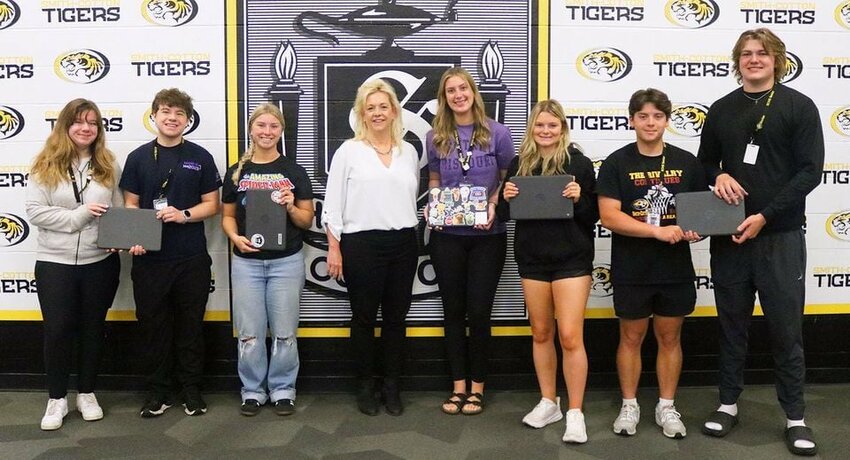 The Sedalia School District Foundation provided a graduation gift to the Smith-Cotton High School Class of 2024. The Foundation purchased every senior's Chromebook and donated the devices back to them. All graduates will have a laptop to take with them on their next step in life. SSDF President Deidre Esquivel is shown with seniors, from left, Kate Ellison, Parker Ellison, Grace West, Lauren Homan, Zoey Hieronymus, Alex Rice and Easton Beebe.


Photo courtesy of the Sedalia School District 200