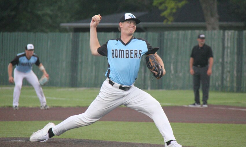 Nate Bartlett pitches the ball during the Sedalia Bombers&rsquo; home-opener against Jefferson City Thursday, May 30, at Liberty Park Stadium. Bartlett pitched five hitless innings and struck out seven batters.   Photo by Jack Denebeim | Democrat
