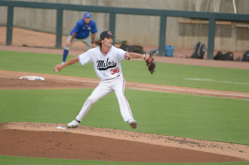 Central Missouri junior Conner Wolf throws a pitch against Angelo State in the Mules' first game of the NCAA Division II Baseball Championships on Saturday, June 1, at the USA Baseball National Training Complex in Cary, North Carolina.&nbsp;