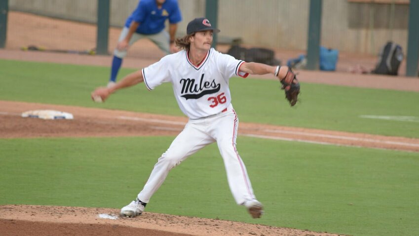 Central Missouri junior Conner Wolf throws a pitch against Angelo State in the Mules' first game of the NCAA Division II Baseball Championships on Saturday, June 1, at the USA Baseball National Training Complex in Cary, North Carolina.&nbsp;