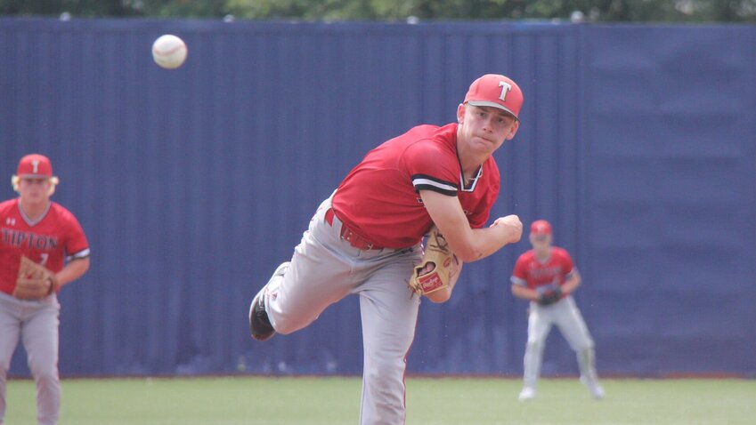 Tipton junior Lucas Cashman pitches the ball during the Class 2 third place game against Chaffee on May 28. Cashman was recently named to the All-Kaysinger Conference Baseball Team.   File photo by Jack Denebeim | Democrat
