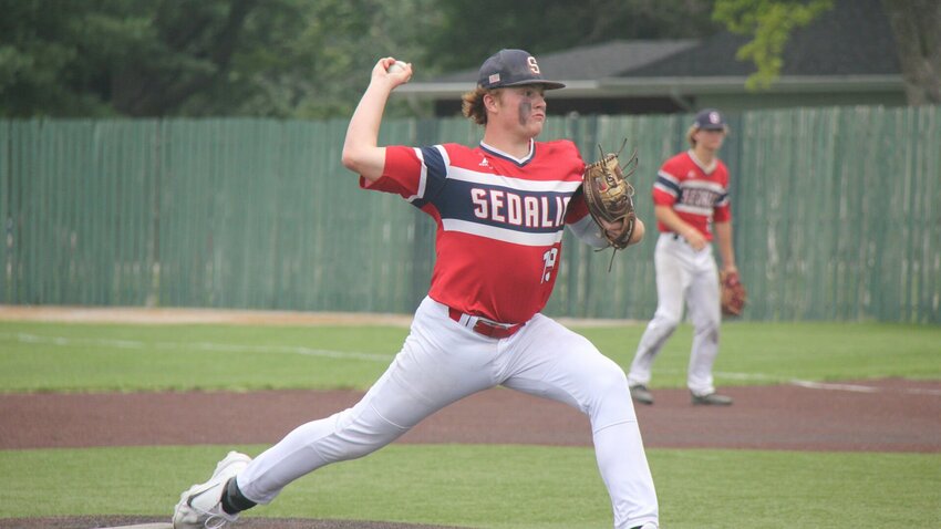 Gabe Berry pitches the ball during the Sedalia Junior Legion Wood Bat Tournament Championship Game. Berry pitched a no-hitter and struck out five batters Sunday, June 16.   Photo by Jack Denebeim | Democrat&nbsp;