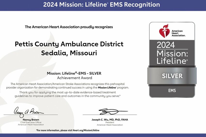 On Wednesday, June 26, the Pettis County Ambulance District received the American Heart Association's Mission: Lifeline&reg; EMS Silver Participant achievement award.   Photo courtesy of Pettis County Ambulance District