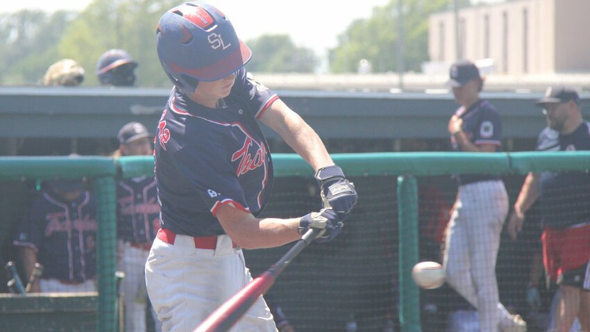 Sedalia Post 642&rsquo;s Blake Abey hits a ball on June 22. Abey went four for seven with three RBIs across both games of a doubleheader against Fayette Monday, July 1.   File photo by Jack Denebeim | Democrat