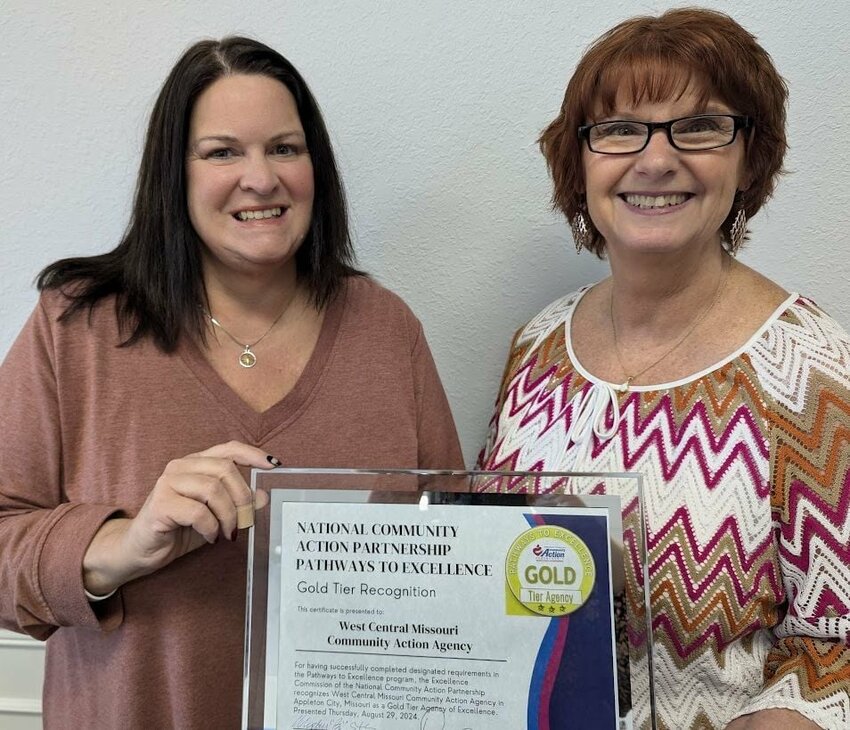 Jana Witt, Chief Development and Compliance Officer, and Mary Lou Schussler, West Central President, show off the West Central Missouri Community Action Agency's Gold Tier status recognition award from the National Community Action Partnership's Pathways to Excellence Program.


Photo courtesy of the West Central Missouri Community Action Agency