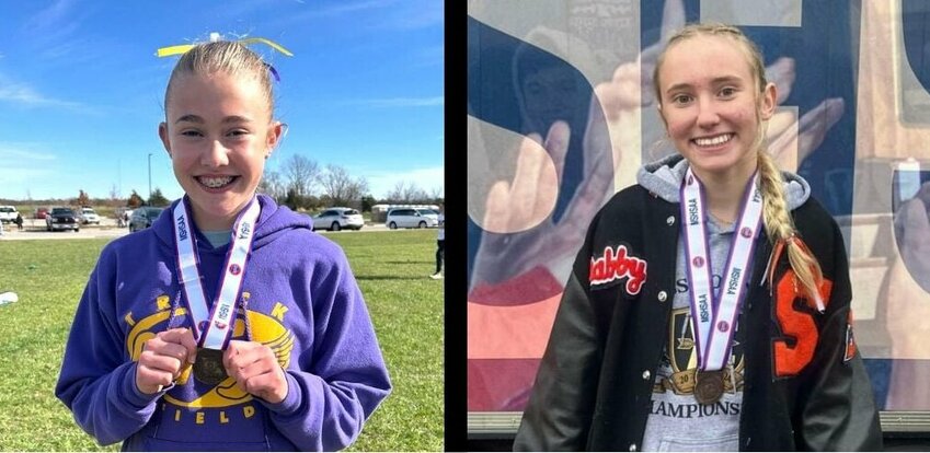 Otterville freshman Halle Morrison, left, and Stover sophomore Gabby Sidebottom celebrate winning medals at the MSHSAA State Cross Country Championships Friday, Nov. 8, and Saturday, Nov. 9.   Photos courtesy of Otterville, Stover athletics