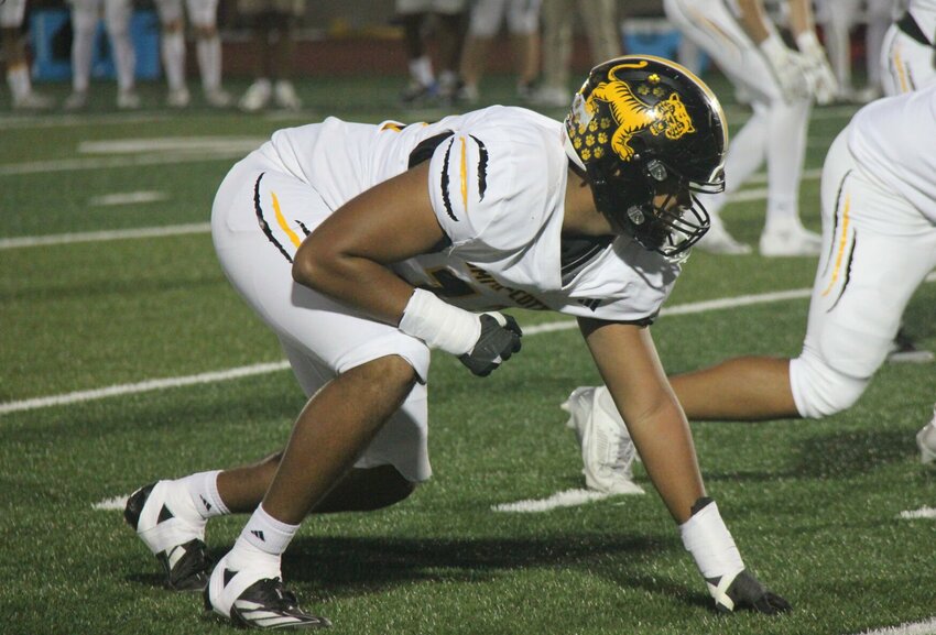 Smith-Cotton senior Rashawn Umbles lines up against Battle on Oct. 4. Umbles received All-CMAC Second Team honors as an offensive and defensive lineman Thursday, Nov. 14.   File photo by Jack Denebeim | Democrat