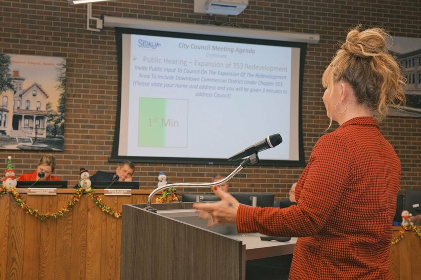 Debbie Covington took three minutes at the Monday, Dec. 16, Sedalia City Council meeting to get ask about the 353 Redevelopment Plan. The controversial initiative declares neighborhoods as blighted.   Photo by Chris Howell | &nbsp;Democrat