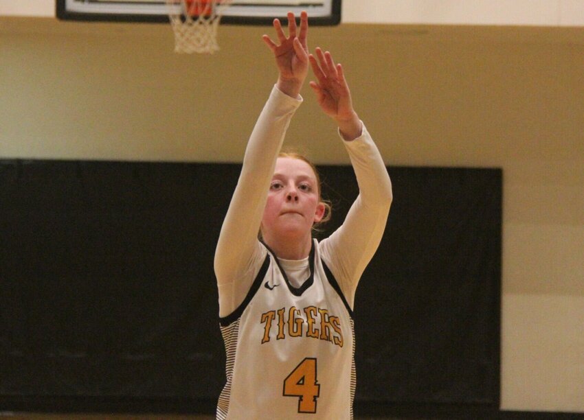 Smith-Cotton junior Brekyn Scanlon shoots a free throw during the game against Columbia Hickman on Monday, Dec. 9. Scanlon led the Lady Tigers with 25 points against Camdenton on Thursday, Dec. 19.   Photo by Jack Denebeim | Democrat